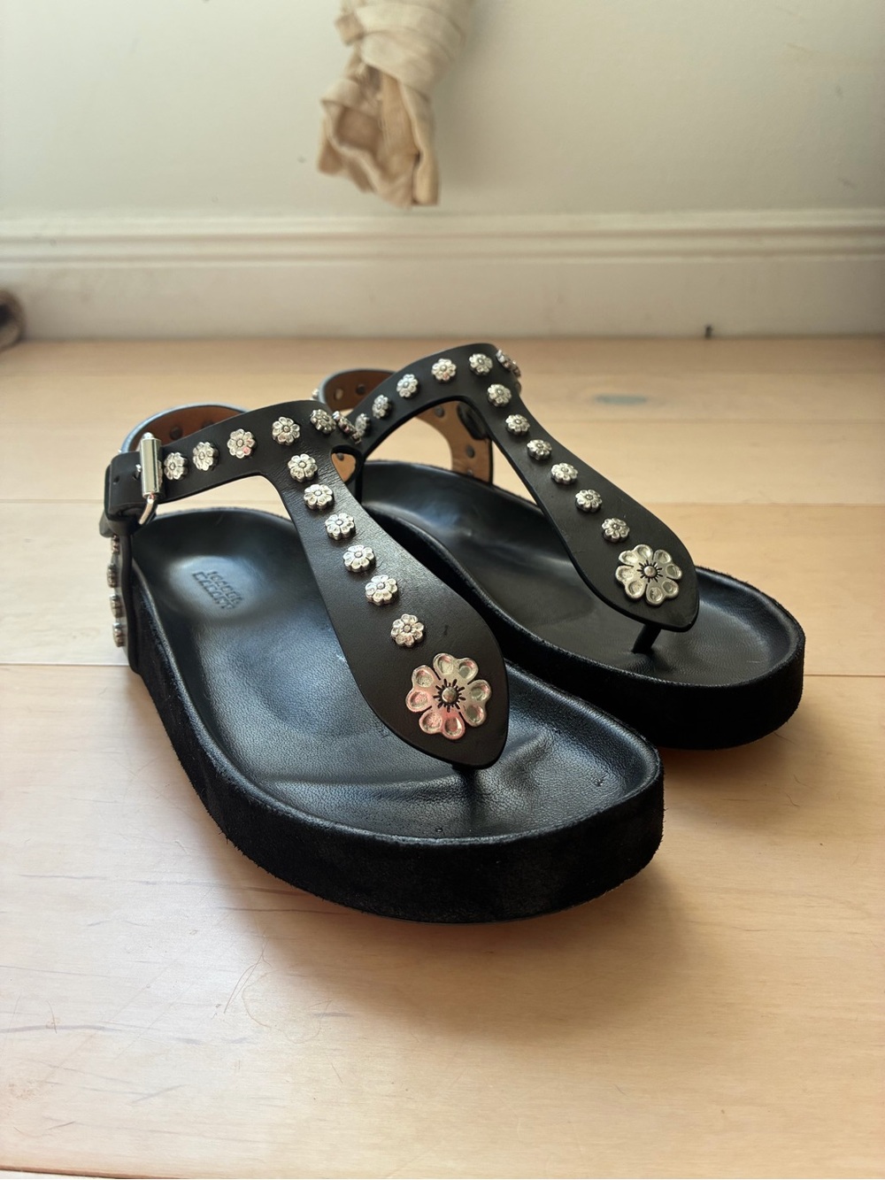 Isabel Marant Black Studded Floral Thong Sandals